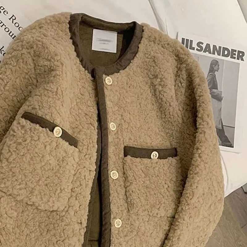 Vintage Lamb Faux Wool Jacket Women Korean Patchwork Cropped Coat Office Lady Elegant Thicken Warm Casual Short Outerwear TopsX241018
