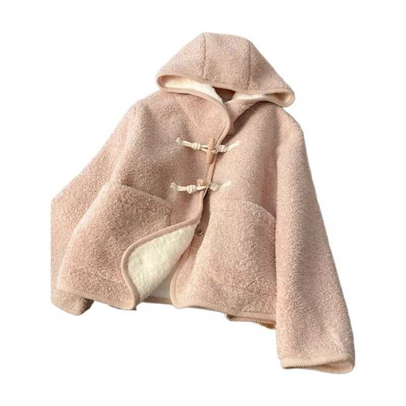 Lamb Wool Jacket Korean Style Thickened Large Pocket Hooded Cowhide Button Plush Top Womens New Autumn 2024X241018