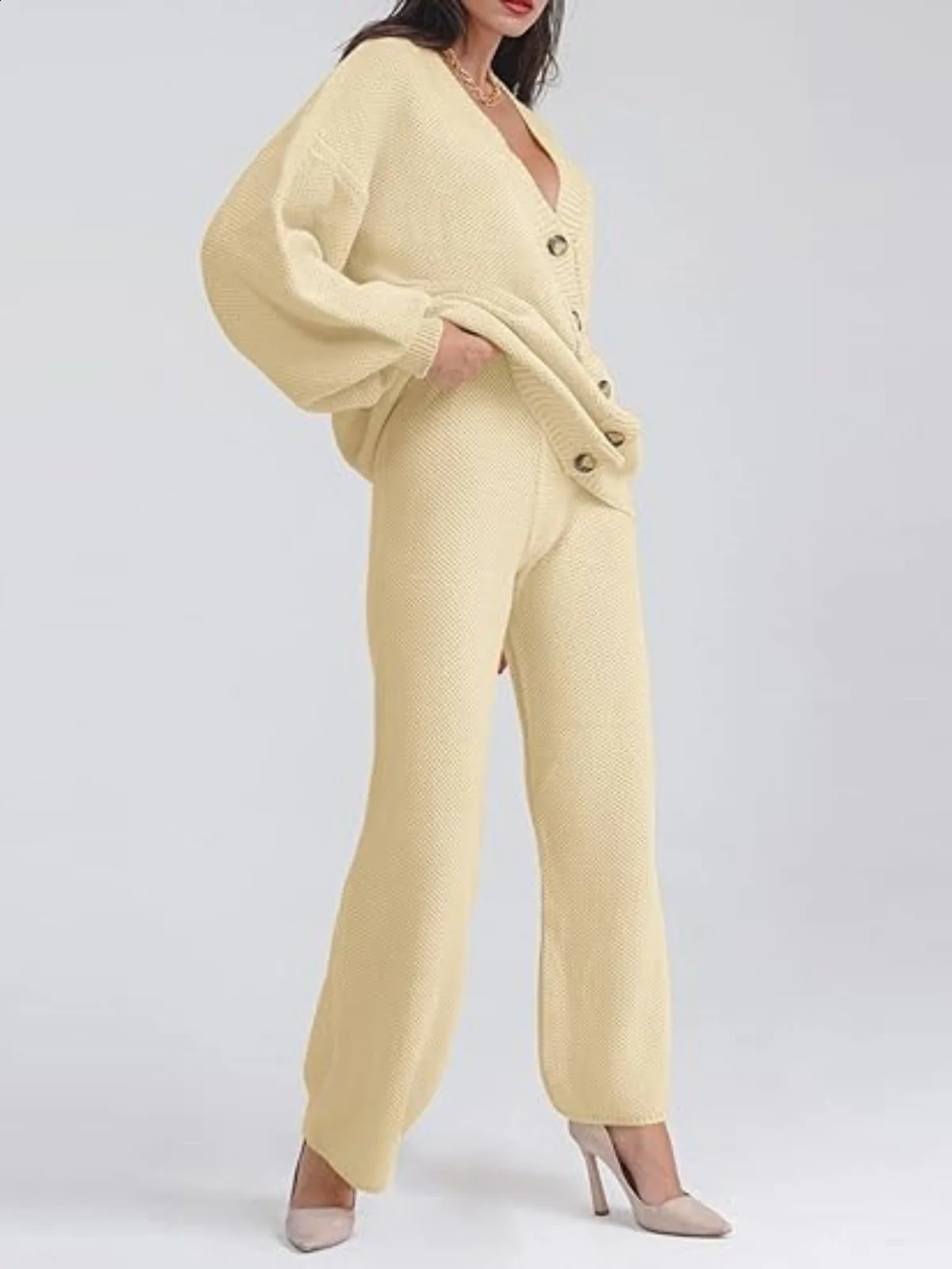 Solid Knit 2 Piece Sets Women Outfit V Neck Single Breasted Cardigan Sweater Tops Wide Leg Pants Casual Loose Fit Long Pant Sets 241017