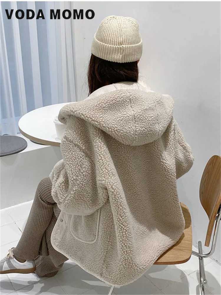 Womens Autumn Winter Loose Warm Lamb Coat Outerwear Female Ladies Cute Fashion Hooded Button Up Jacket Lamb Wool Coat BasicX241018