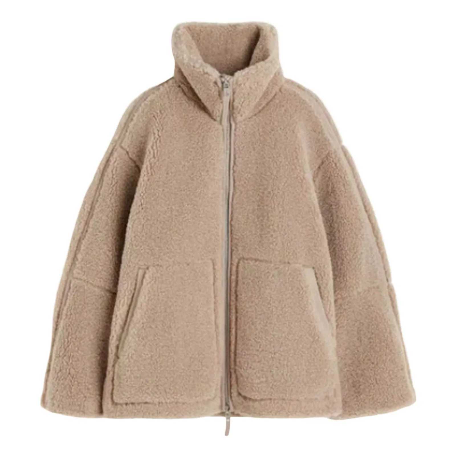 Autumn Winter Warm Women Jackets Long Sleeve Zipper Lamb Wool Coat Stand Collar Casual Pocket Elegant Solid Lady Plush OutwearX241018