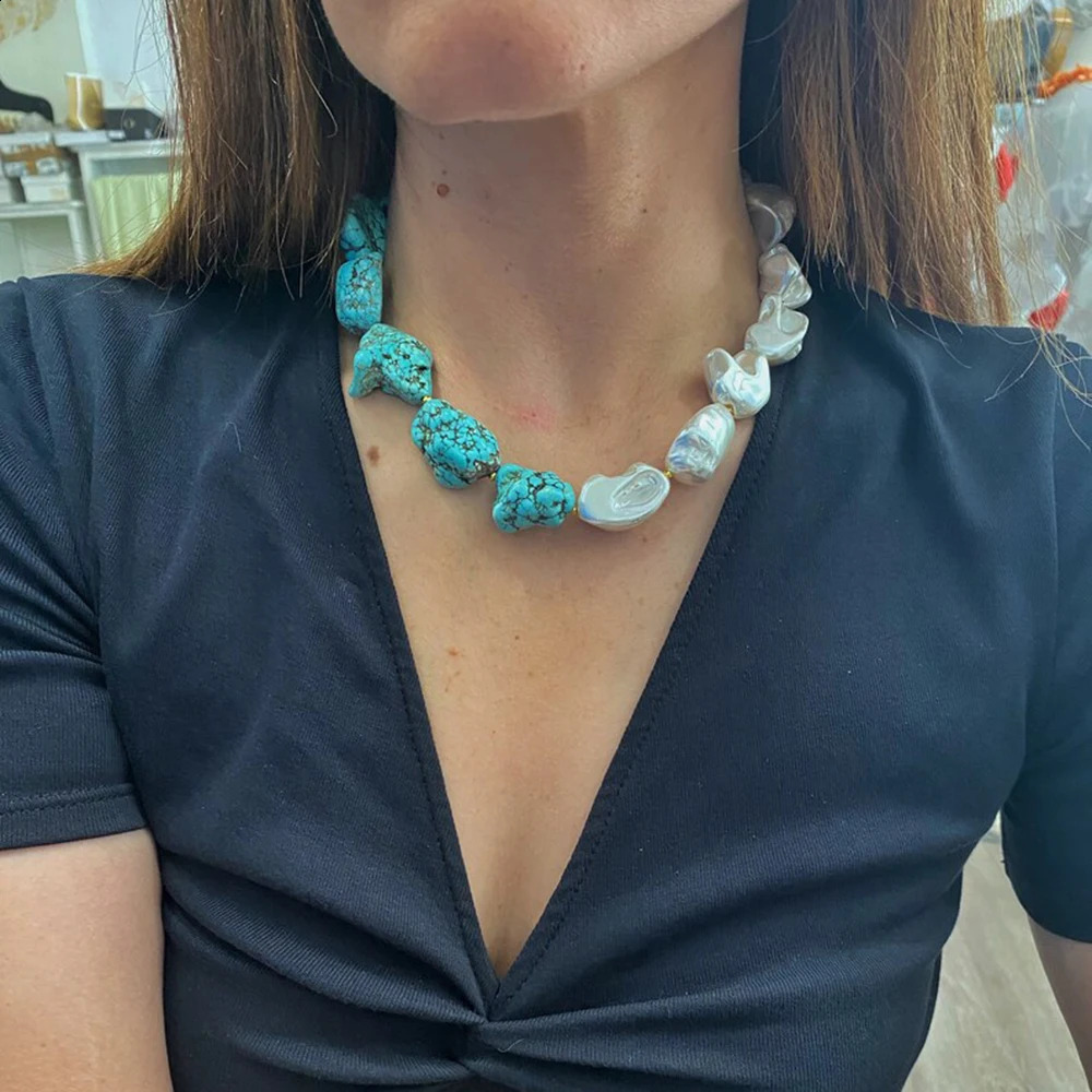 Irregular natural blue turquoise and shell bead necklace Bohemian handmade jewelry 241018