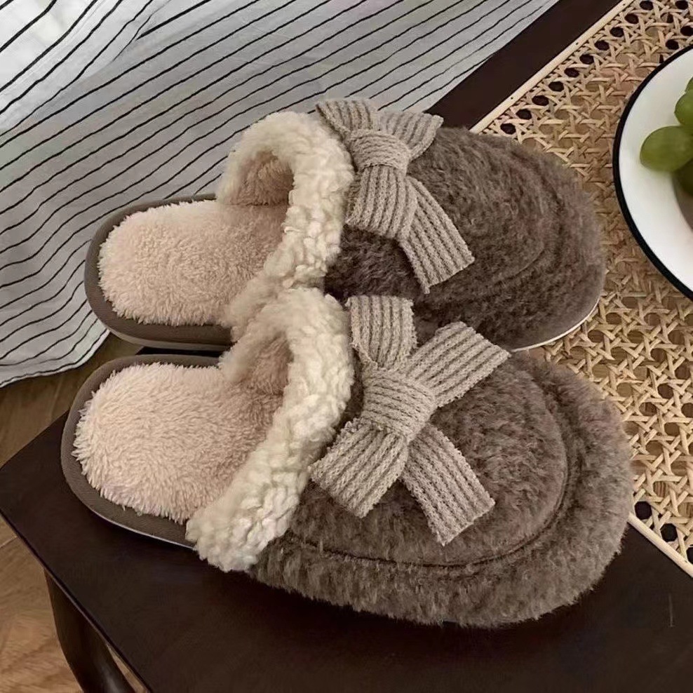 Cute Bow Slippers: Thick Bottom Anti-Slip Cotton Slippers for Couples