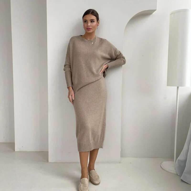 Hirsionsan Soft Vintage Lace Up Women Suits 2 Pieces Female Sets With Belt V Neck Cardigan & Midi Dress Ladies Knitted Tracuit