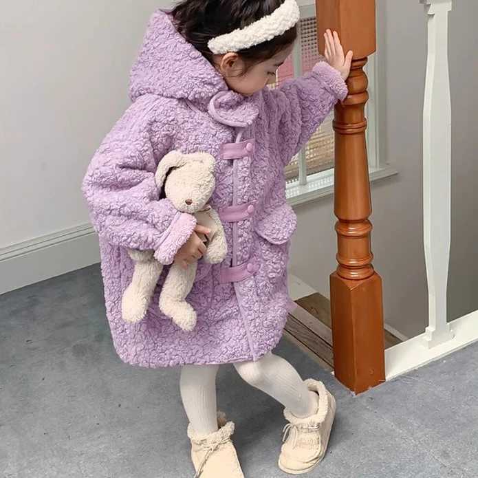 Womens plush jacket wool autumn and winter thick and fashionable medium length cashmere hoodie simple purple M241018