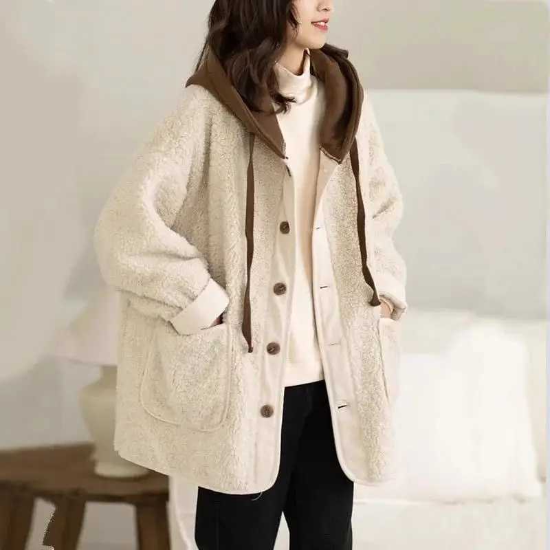 Lamb Wool Fleece Hooded Cotton-padded Jacket Coat Autumn Winter Women Clothes Patchwork Oversize Warm Fake Two Pieces SweatshirtX241018