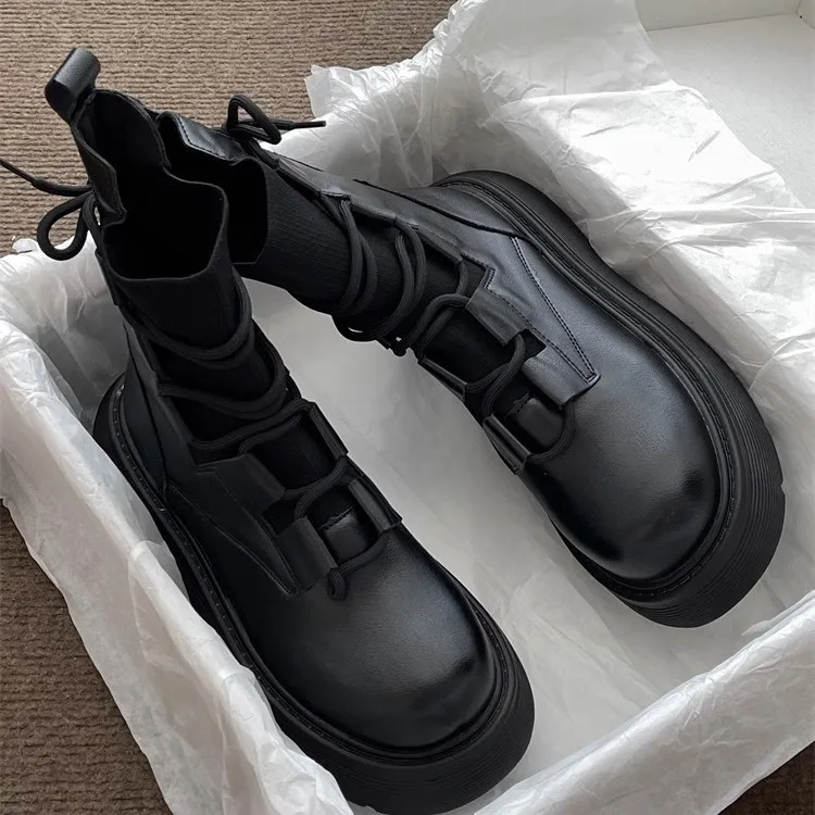 Designer Boot White Womens Boots British-Style Martin - Thick Sole Elevating Lace-Up Ankle Women's Martin Boots