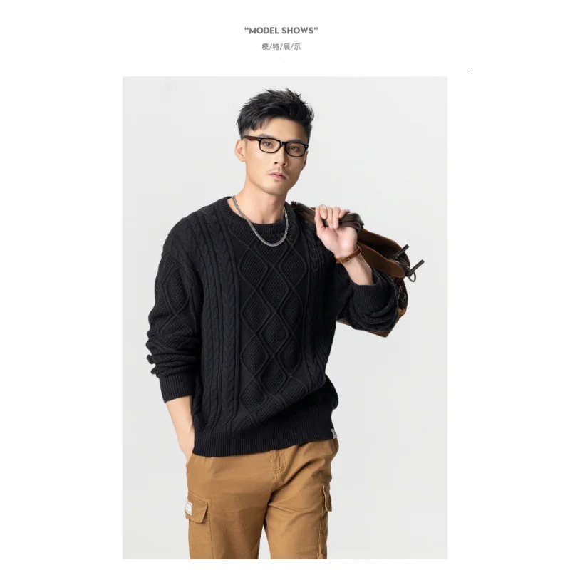 American retro knit sweater men loose round neck twisted casual tops lazy wind versatile Large size 241018