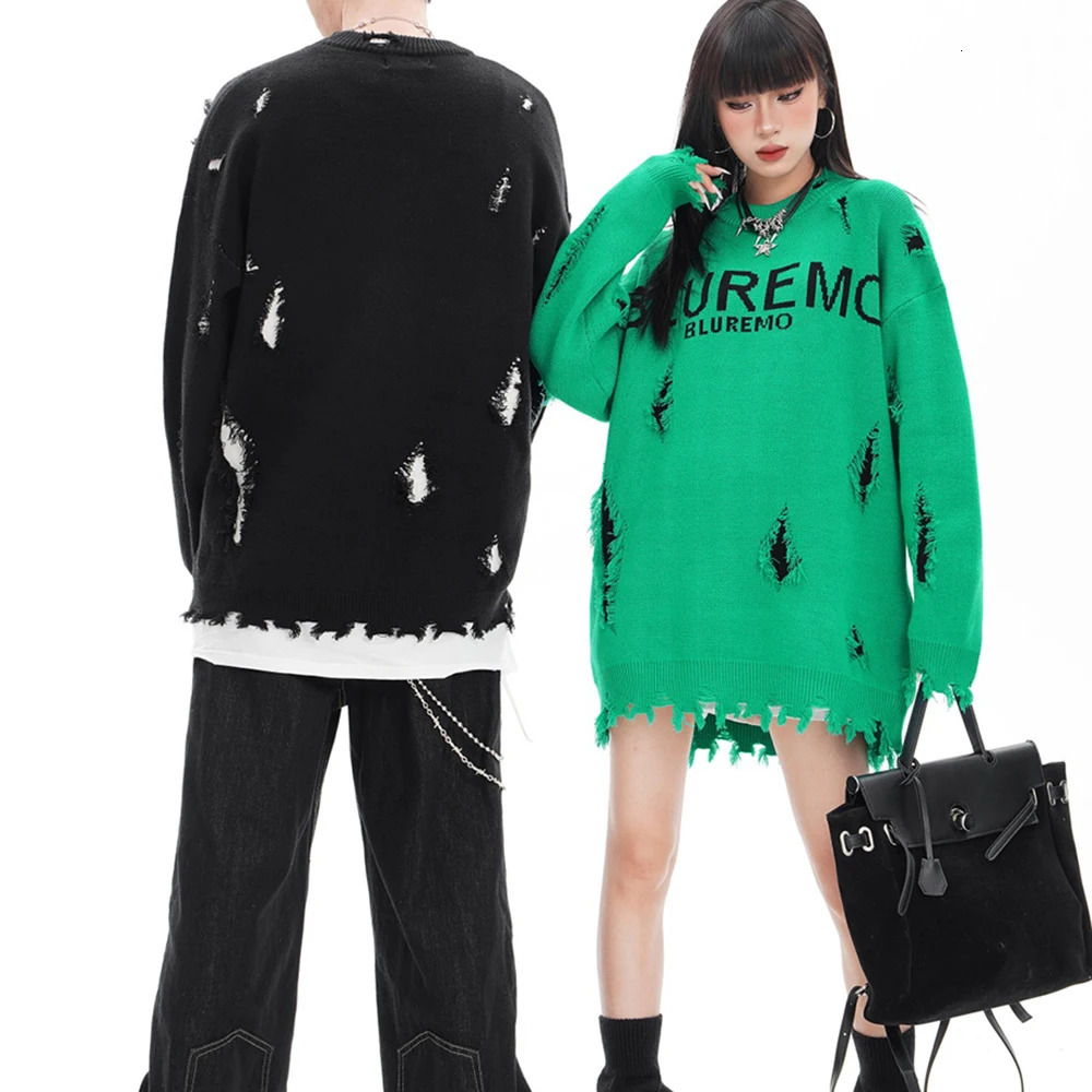 High Street Frayed Ripped Damaged Baggy Fall Sweater for Men and Women Crew Neck Letter Patchwork Casual Woolen Knitted 241018