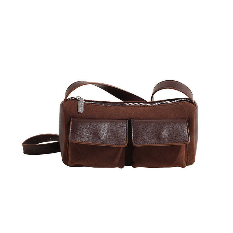 CMM Autumn and Winter New Niche High End Texture Double Pocket Suede Underarm Bag Contrasting Splicing Versatile Single Shoulder Crossbody Bag
