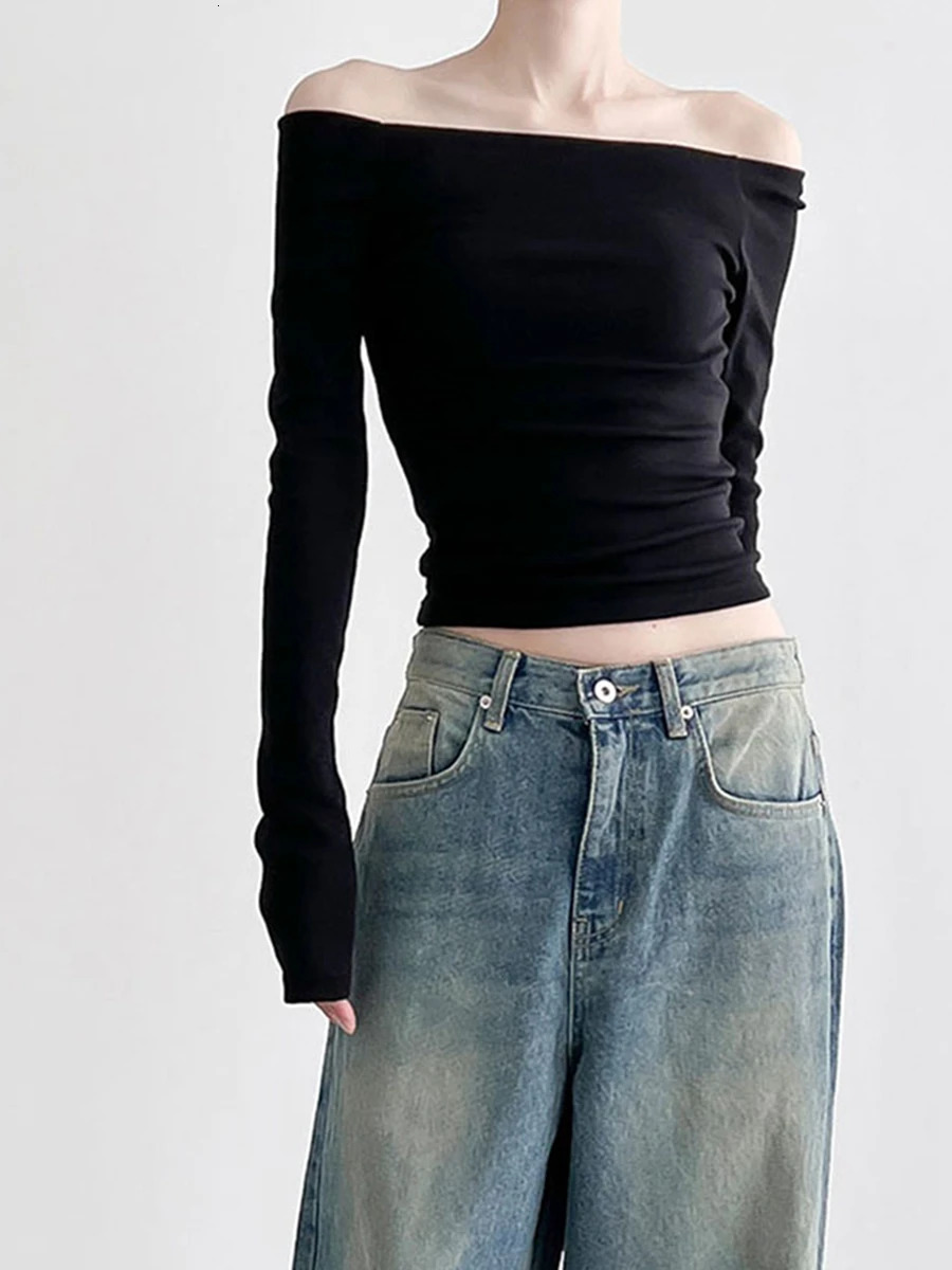 Women Solid Color Short TShirts Boat Neck Long Sleeve Off Shoulder Shirts Spring Fall Fit Tops Streetwear 241018