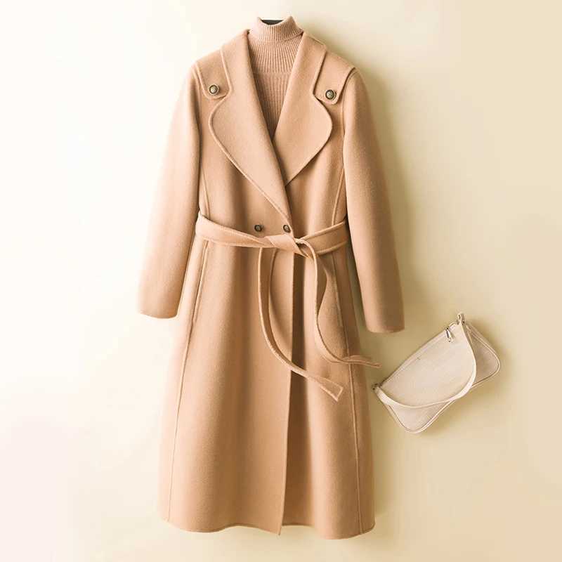 Long Coats Women Woolen Trench Jacket 100% Merino Wool Winter Fashion Lapel Belted Overcoat Autumn Vintage Thick Clothing KoreanX241009