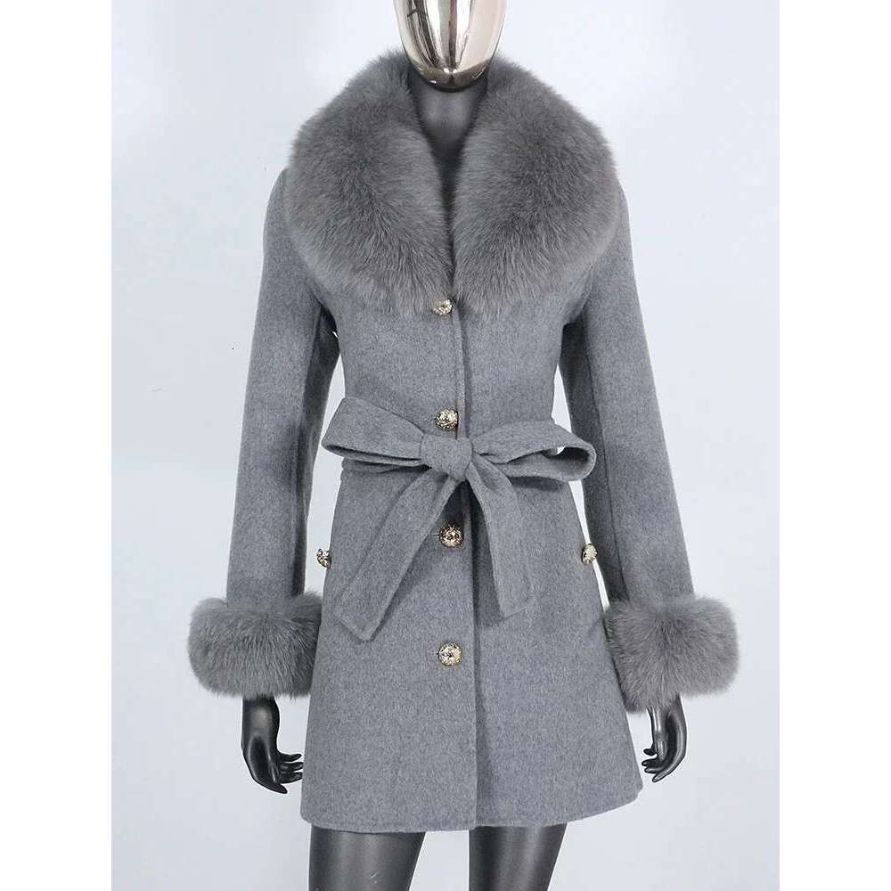 2024 New Winter Jacket Women Cuffs Belt Cashmere Wool Woolen Outerwear Fashion Streetwear Real Coat Natural Fox Fur Collar