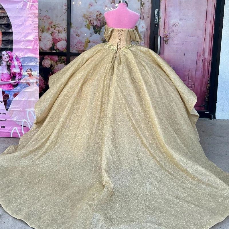 Sparkly Gold Sweetheart Princess Ball Gown Quinceanera Dresses Off The Shoulder Lace 3D Flower Sweet 16 Dress Vestidos De 15 Anos