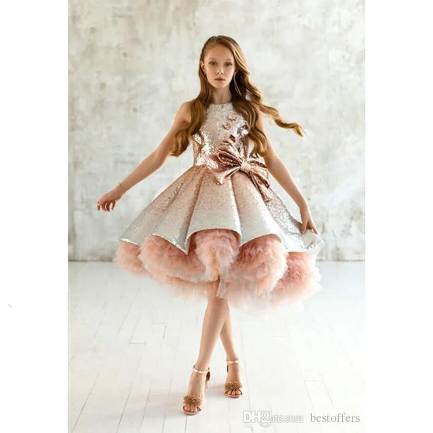New Princess Sequins 2020 Blush Pink Pageant Gowns Tiered Ruffles Tulle Ruched Wer Girls Puffy Prom Dresses
