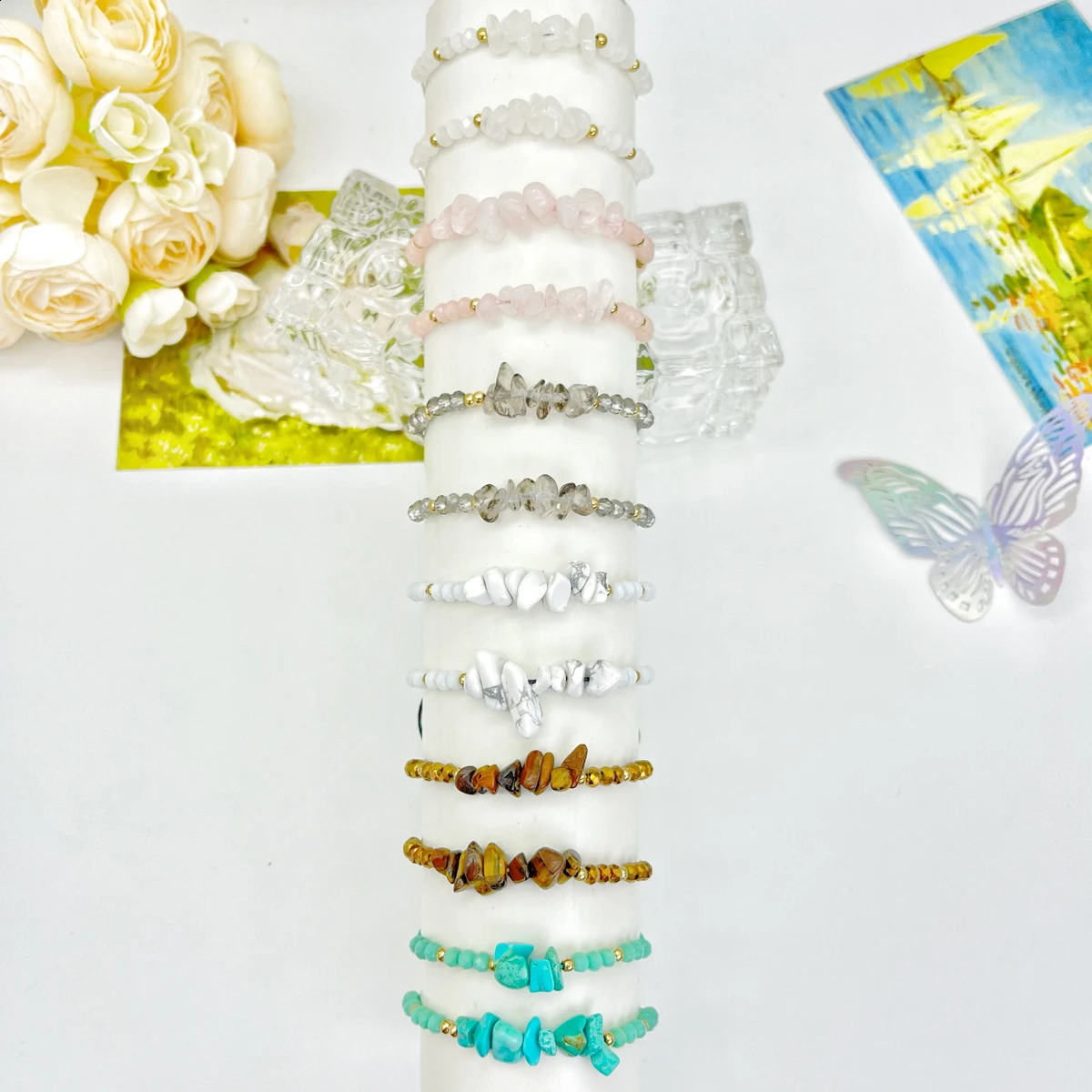 12 pieces/card multi-color natural stone hand woven bracelet irregular bead woven bracelet summer beach style 241018