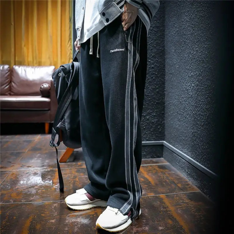 Korean Fashion Autumn Winter Sweatpants Men Elastic High Waist Pockets Striped Contrast Color Zipper Casual Straight Motion Pant 241018