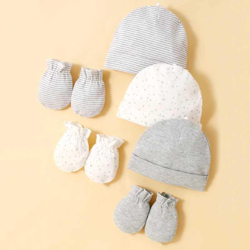 3 Hats and 3 Pairs of Mittons Newborn 100% Cotton Soft Comforttable Solid Color Baby Face Scratch Prevention Gloves 0-12 Month LX241018