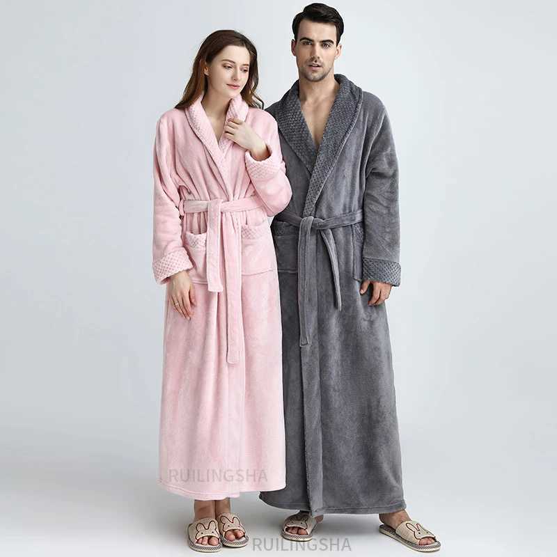 Lovers Extra Long Warm Flannel Bathrobe Plus Size Men Women Winter Coral Fleece Bath Robe Cozy Dressing Gown Spa Bride SleepwearXJ241018