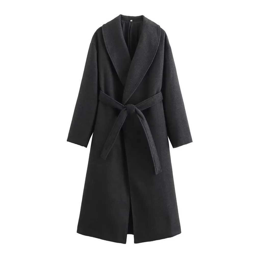 PB ZA 2024 early autumn new womens clothing fashion casual simple versatile mid-waist tie long woolen trench coatX241009