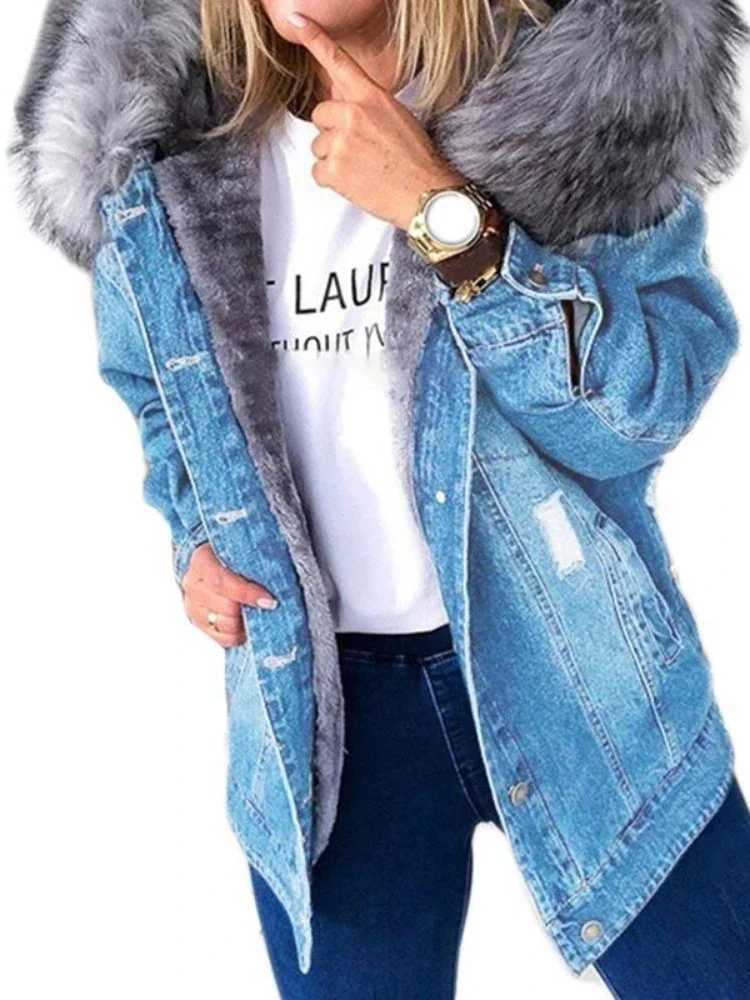 Winter Fur Jacket Women Denim Coats Faux Hooded Jean Thick Long Sleeve Frayed Overcoat Outwear Vintage Cotton Female CoatX241018