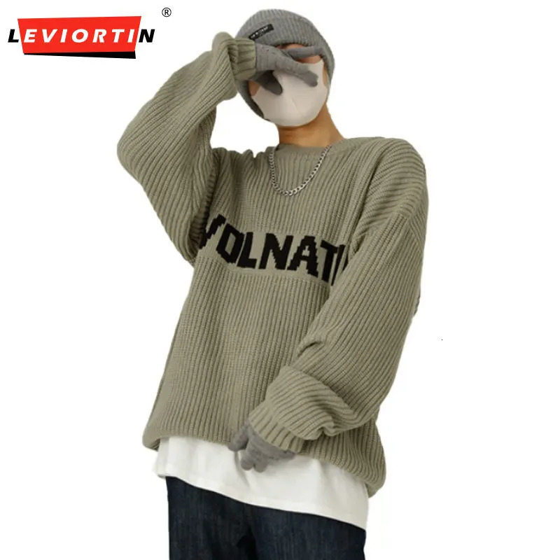 Hip Hop Mens Autumn Loose Knitted Round Neck Letter Sweater Pullover Long Sleeve Tops for Men 241018
