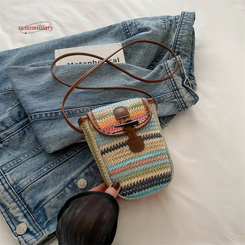 Bohemian style woven mobile phone for women 2024 new stylish niche design striped contrasting versatile crossbody bag #12 swissmilitary