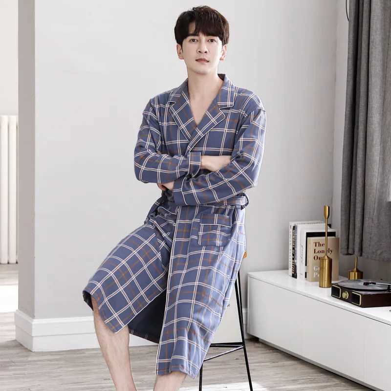 Mens Casual Plaid Long Nightgown Kimono Bathrobe Gown Cotton V-neck Intimate Lingerie Long Sleeve Spa Robes Sleepwear For MaleXJ241018