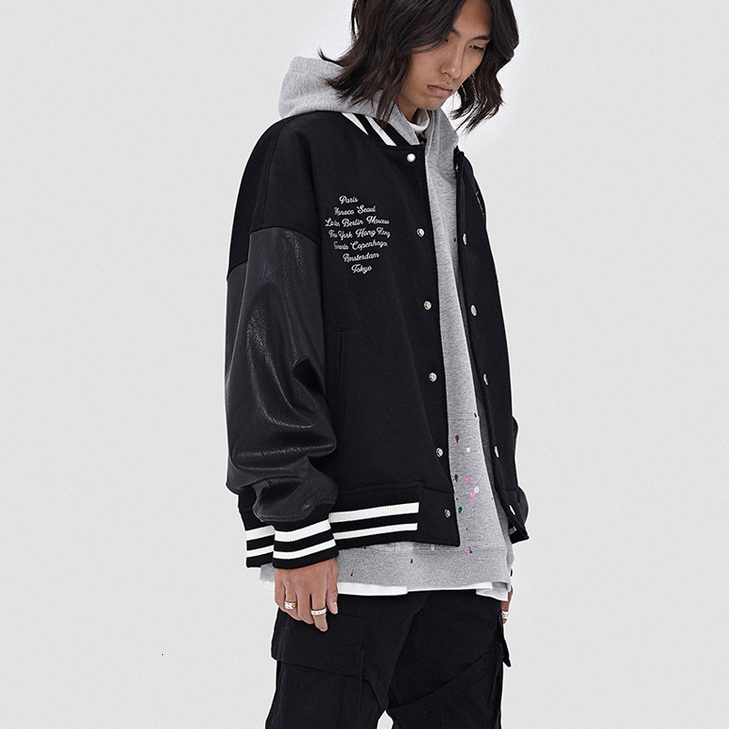 Spring Fall Ing Leather Sleeve Bomber Jacket Letter Embroidered Black Baseball Uniform Men Women Couple Casual Streetwear