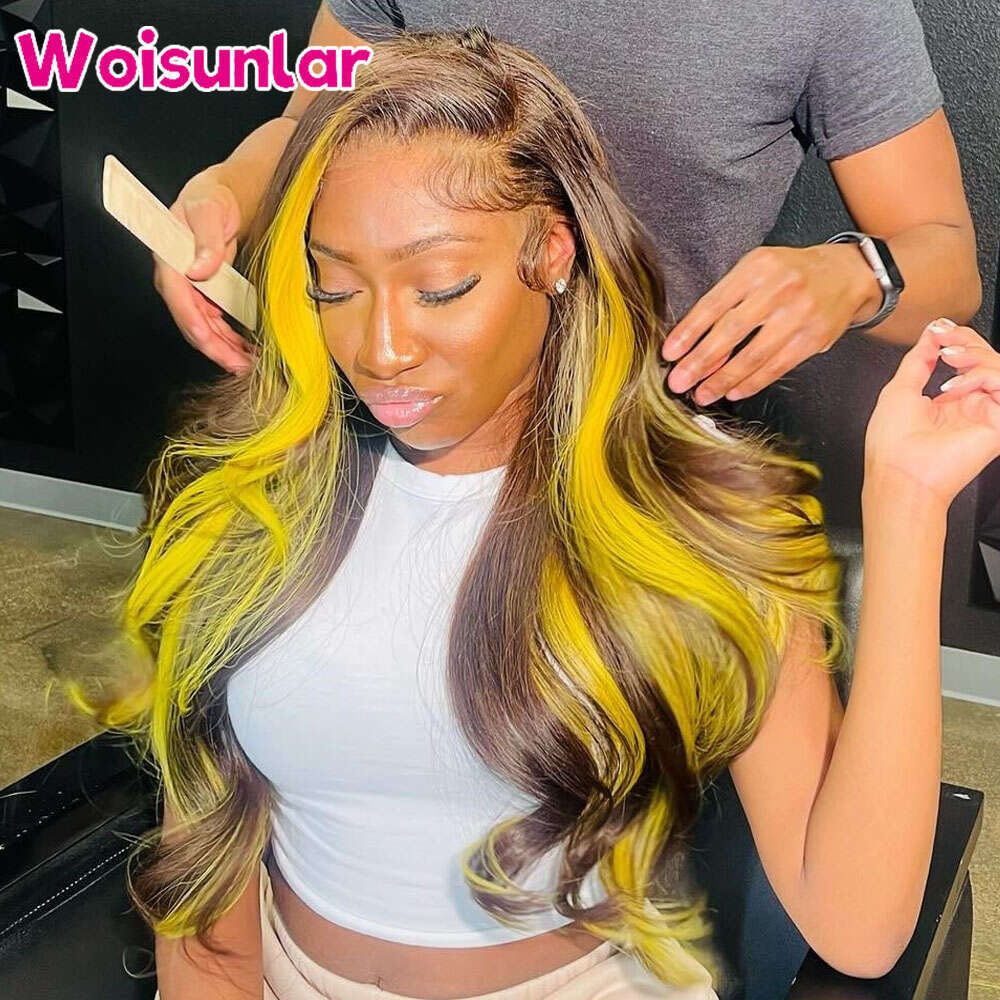 Highlight Brown and Yellow human hair 13X4 Transparent Lace Front Body Wave Wigs For Women Human Hair Wig 100%