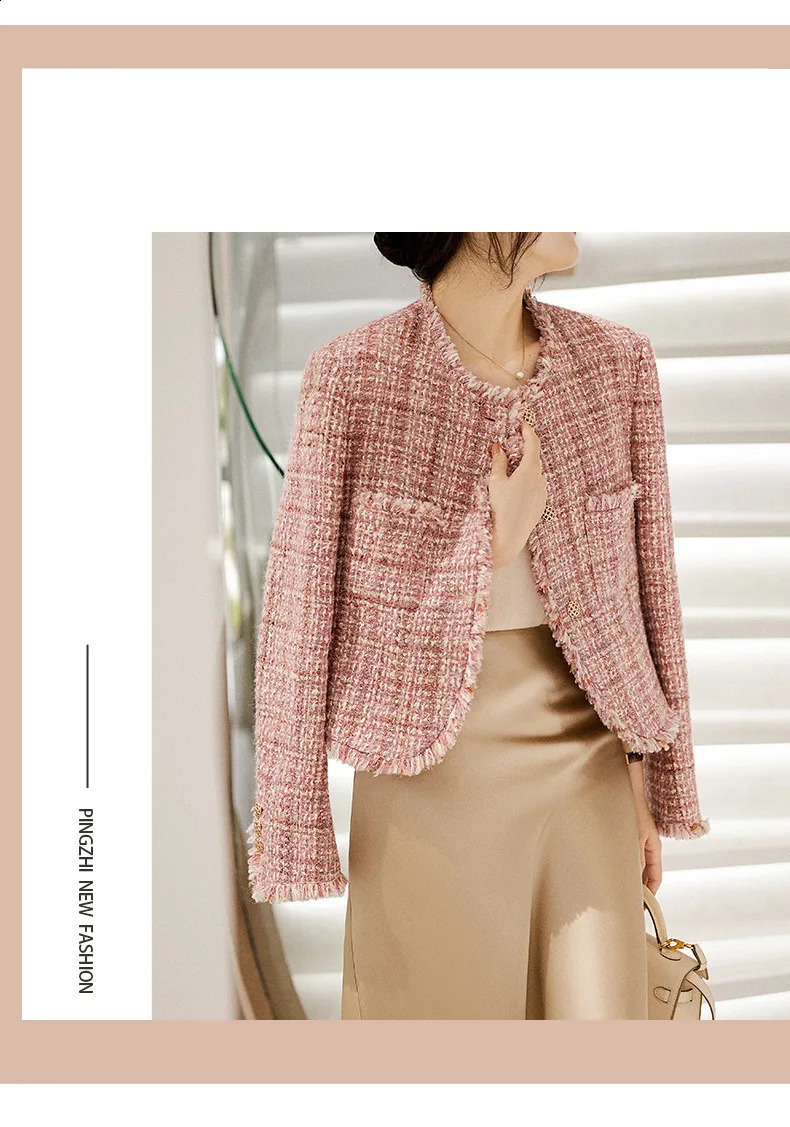 pink Tweed Wool coat spring and autumn tweed high sense 2024 autumn short coat top womens jacket 241017
