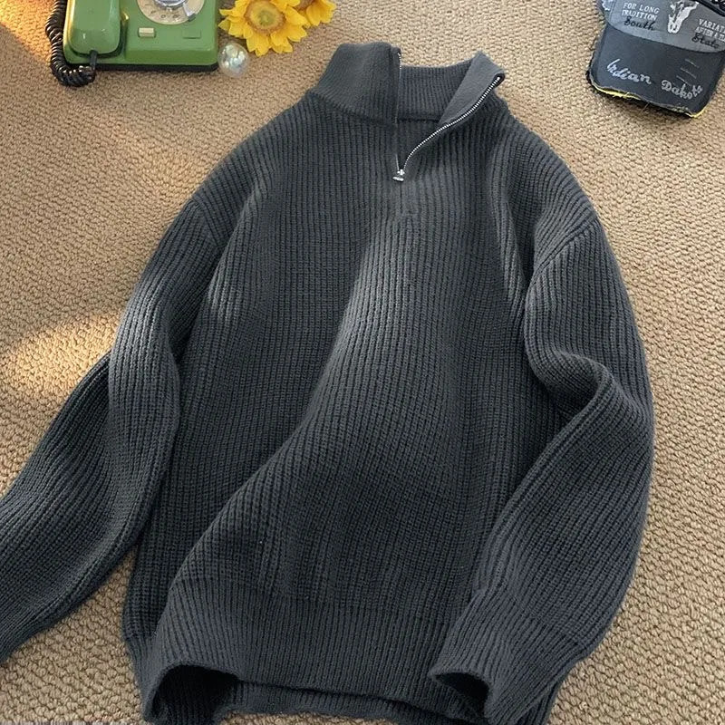 Autumn Winter Half Zipper Sweater for Men Knitted Thickened Vintage Solid Color Comfortable Fashion Clothing Pullover 241018