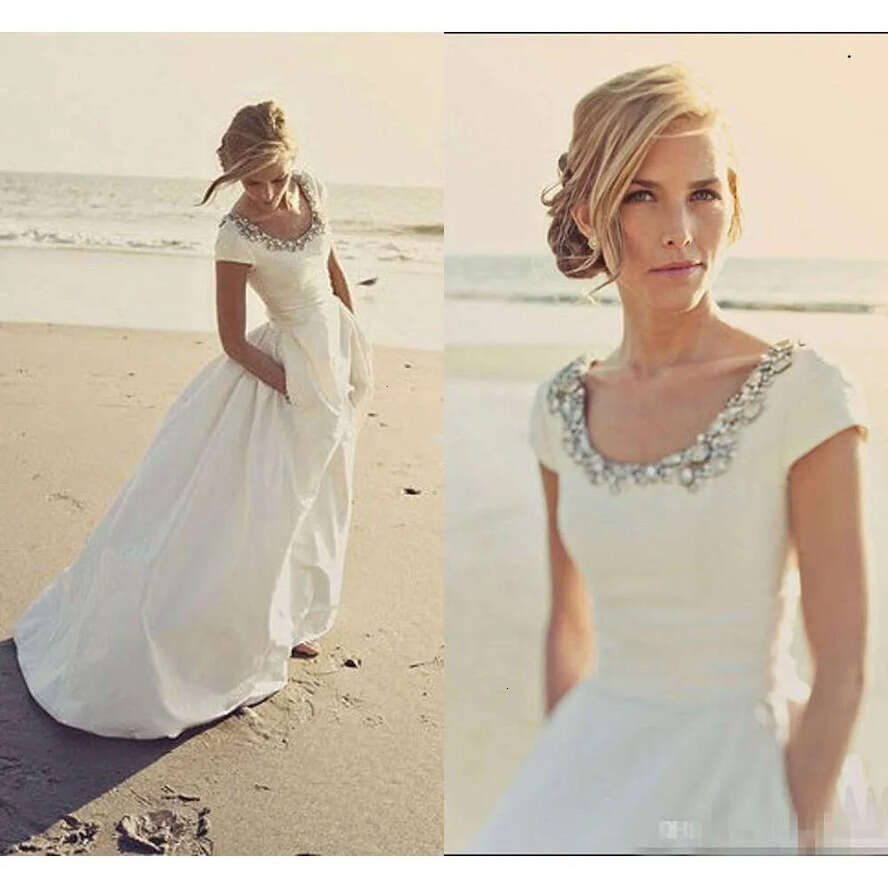 Crystal Vintage E A Dresses Satin Scoop Neck Beaded Swep Train Custom Made Ruched Beach Wedding Gown