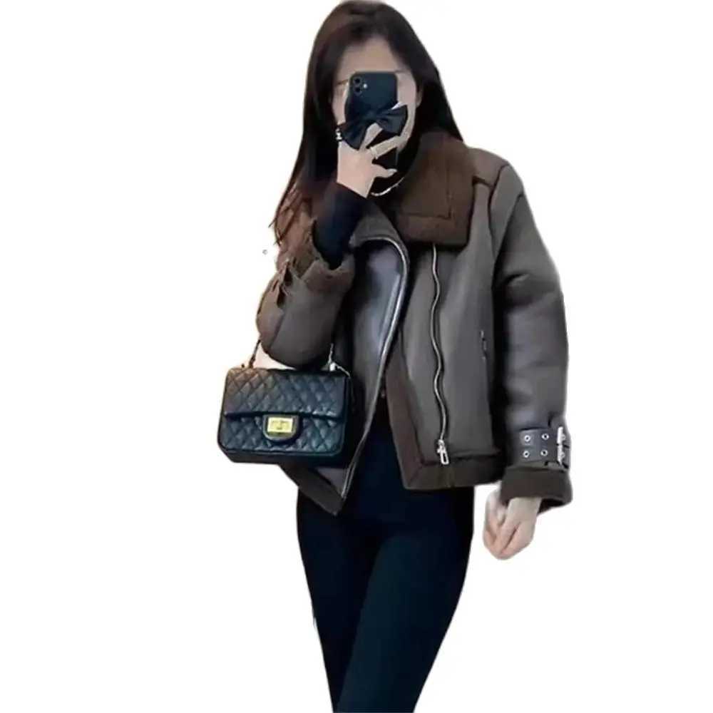 Fashion Lapel Lamb Wool Leather Jacket Women 2024 Winter Long Sleeve Zipper Thickened Coat Casual Chic Female Warm OuterwearX241018