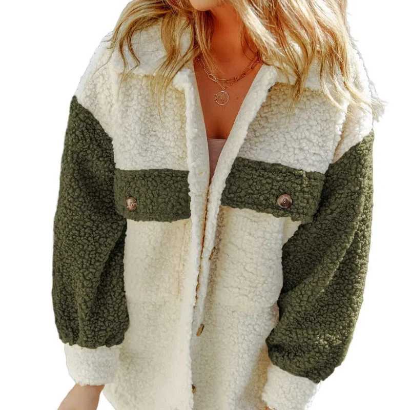 Autumn Winter Fashion Turn-down Collar Long Sleeve Patchwork Color Blocking Lamb Wool Coats Womens Clothing Casual Button TopsX241018