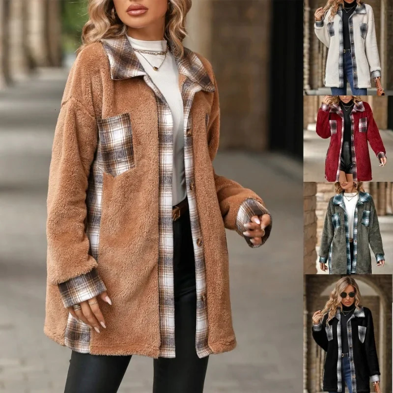 Womens Autumn and Winter Single Breasted Lapel Mid Length Plaid Plush Jacket Coats Long Coat Women Warm 241018