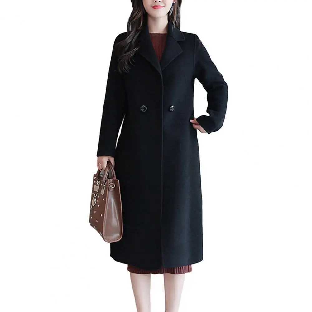 Women Woolen Coat Elegant Lapel Woolen Coat with Two Buttons Pockets for Women Stylish Mid-length Cardigan Outwear for AutumnX241009