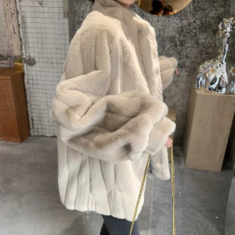 2024 Autumn Winter Faux Rabbit Fur for Women Medium Style Plushi Clothing Loose Lamb Wool Stand Collar Fur CoatX241018