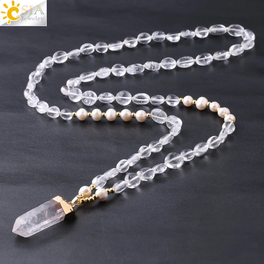 CSJA Boho Irregular Natural Stone Pearl Necklace Knot White Crystal Pendant Womens Sweater Necklace F774 241018