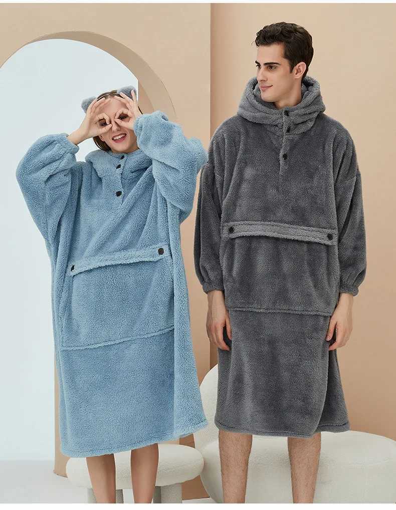 Unisex Robes Men Winter Dressing Gown Winter Warm Fleece Robe Pullover Hooded Women Winter Dressing Gown Robes Soft BathrobeXJ241018