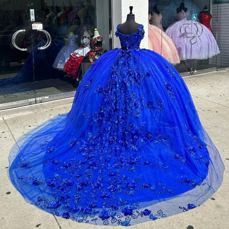 Royal Blue Shiny Sweetheart Quinceanera Dresses Party Birthday Dress Floral 3D Flowers Beaded Corset Sweet 16 Dress Vestidos De 15 Anos