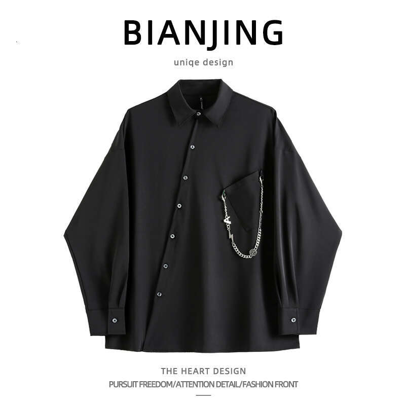 shanshi Men's shirts High street diagonal placket asymmetrical metal chain long sleeved shirt with men's design sense, personality, dark cou