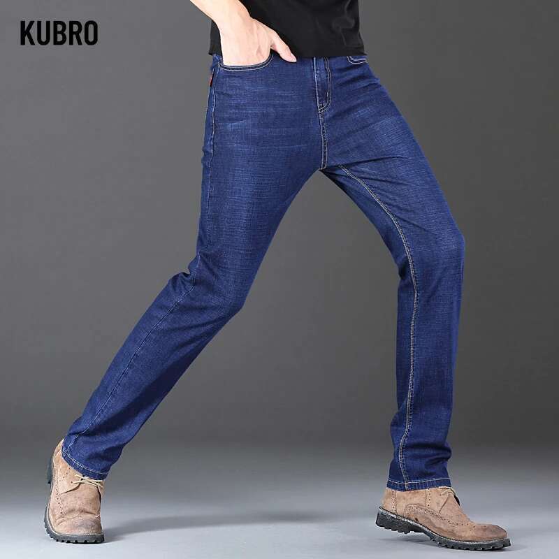 KUBRO Men's Jeans Winter Thickness Pants Straight Blue Jean Baggy Casual Work Denim Pant High Elasticity Wide Leg Male Hot Sale