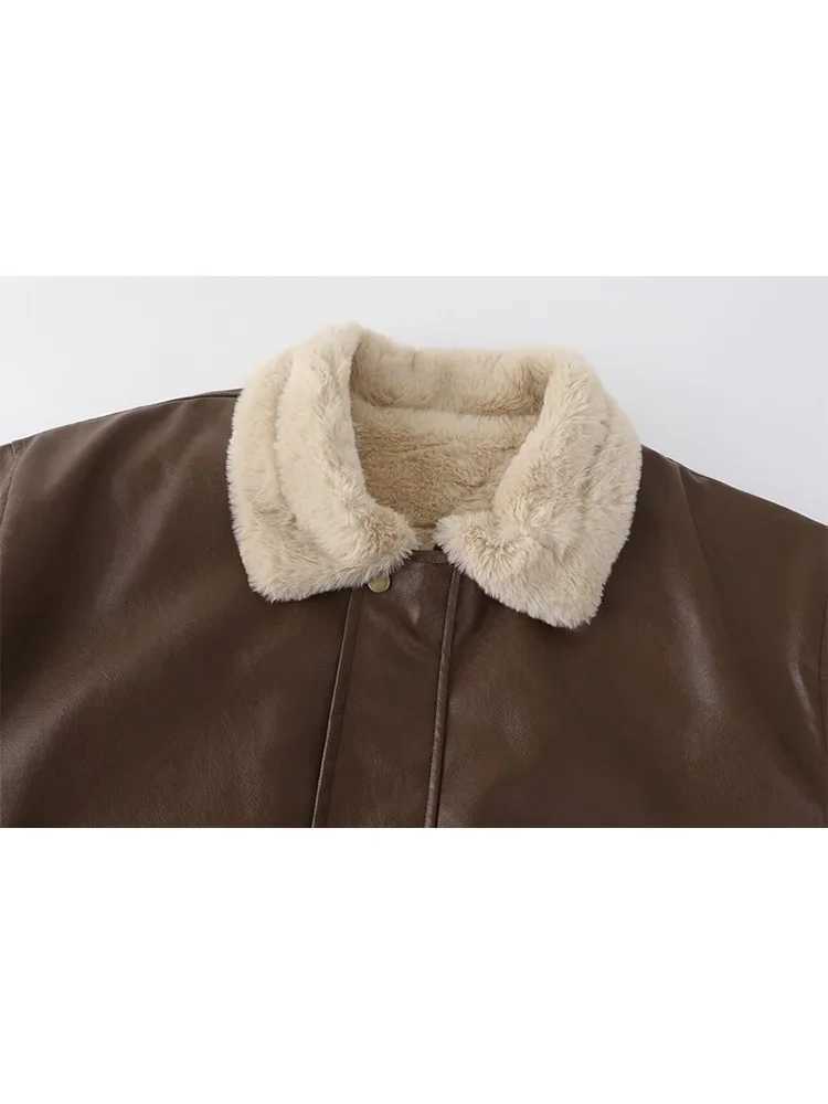 Winter Womens Fur Leather Coats Long Sleeved Loose Warm Lamb Wool Vintage Thickened Locomotive Lapel Female PU Motorcycle CoatX241018