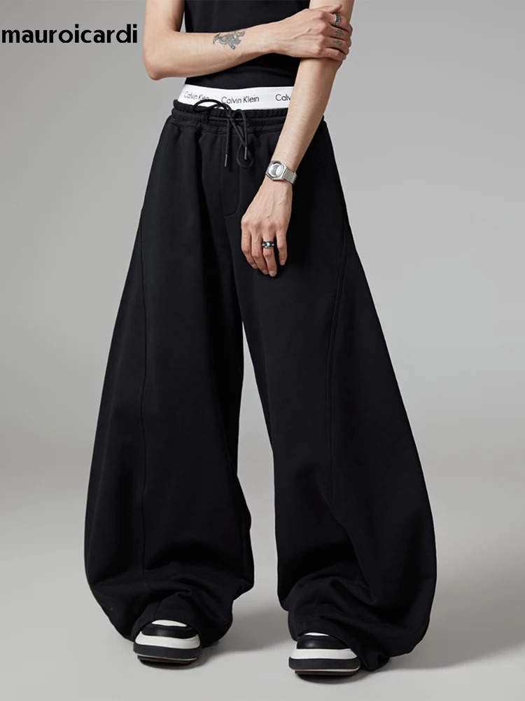 Mauroicardi Autumn Black Flowy Baggy Wide Leg Pants for Mens with Drawstring Elastic Waist Streetwear Loose Casual Soft Trousers 241018