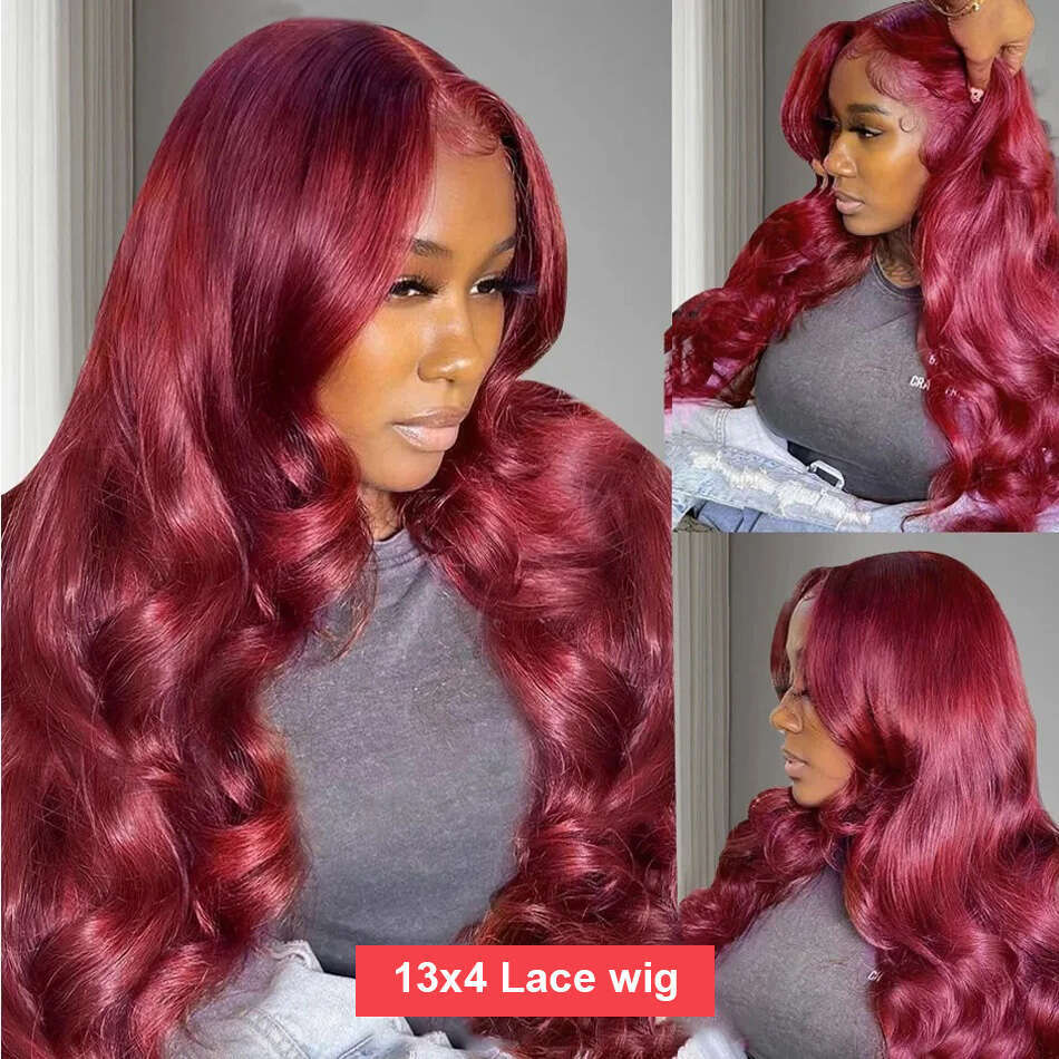 30 32 Inch 99J Bury 13x6 Frontal Wigs Red Colored Body Wave 13x4 HD Transparent Lace Front Human Hair Wig For Women