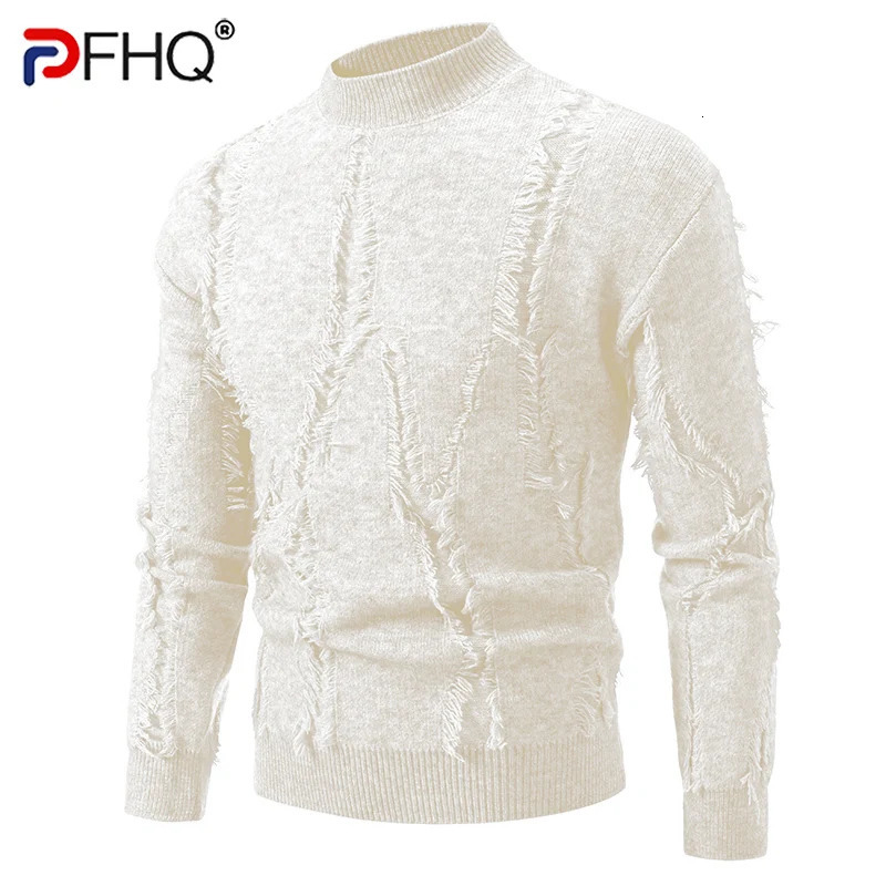 PFHQ Korean Style Mens Sweaters Mock Neck Raw Edge Solid Color Pullover Autumn Loose Male Knitting Clothing Simple 21Z6603 241018