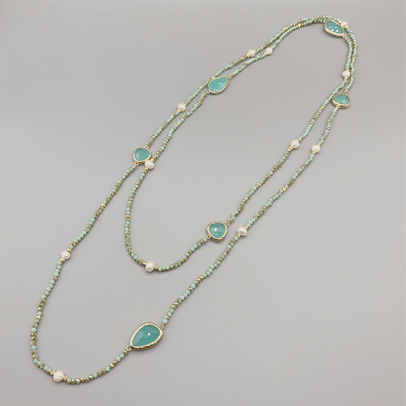 Faceted Cut Irregular Aqua Quartz Long Necklace 5-6mm White Freshwater Pearl 2mm Crystal and 50 inch Hammer Strike Gold Beads 241017