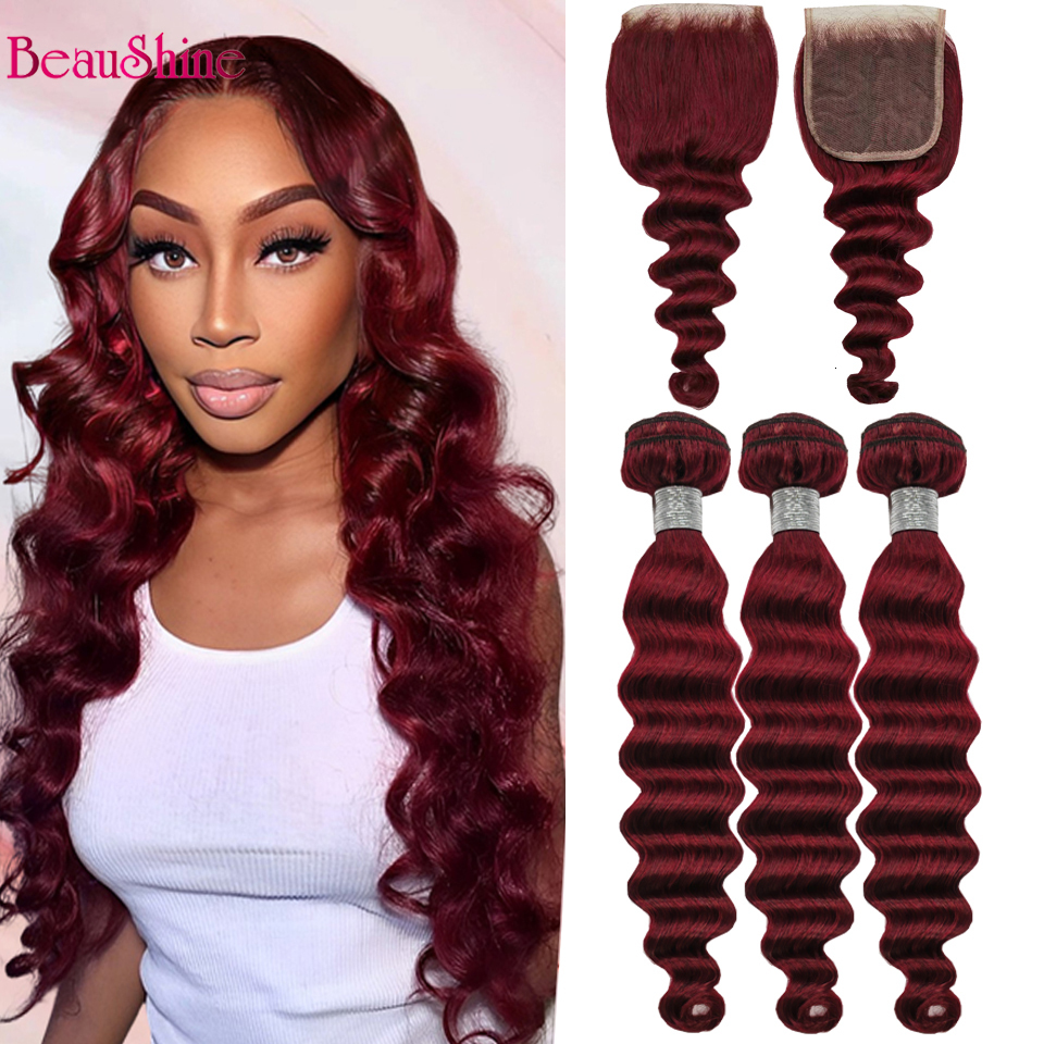 Loose Deep Wave 4X4 Closure 99J Bury Bundles With Closure Reddish Brown Colored Human Hair