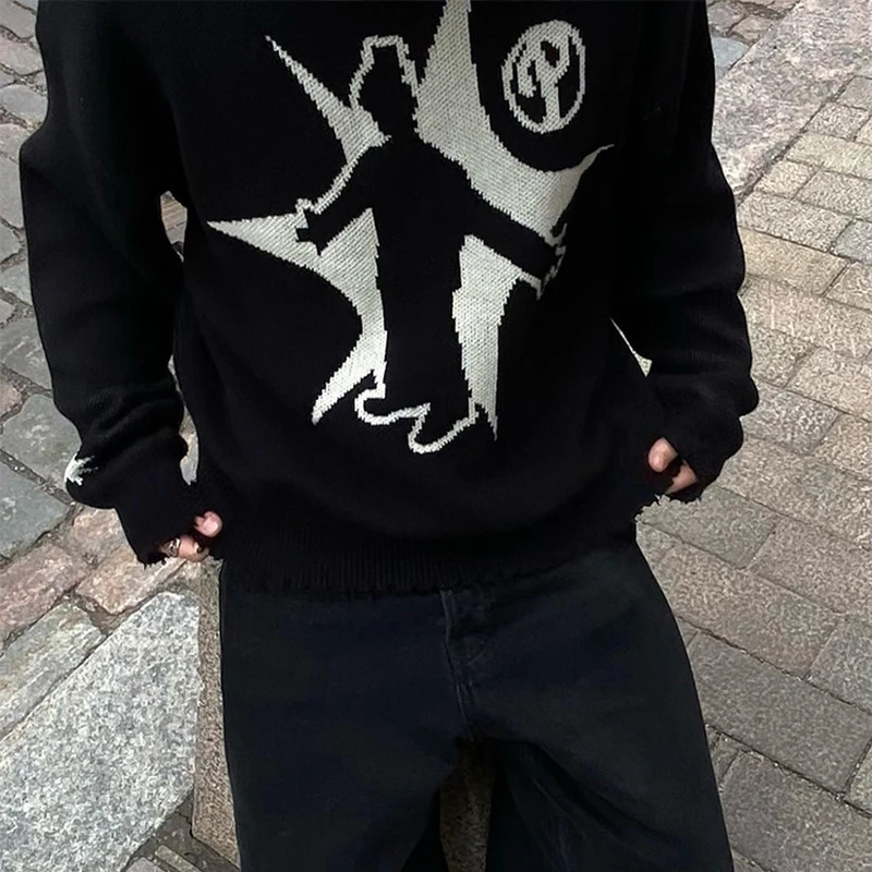 Mens Winter Sweater Pullovers Knit Long Sleeve Tops Hip Hop Korean Fashion Harajuku Jumper Gorhic Coat Y2k Streetwear Clothing 241018